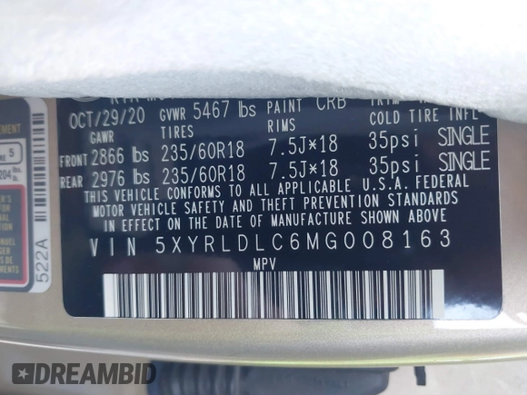 2021 Kia Sorento S with VIN 5XYRLDLC6MG008163, listed as a IAAI auction lot 41647141 with 59,669 mi miles and . Bid and sale history available at DreamBid. Image 9.