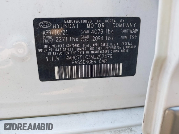 2021 Hyundai Ioniq SE with VIN KMHC75LC3MU257479, listed as a IAAI auction lot 41893021 with 65,785 mi miles and . Bid and sale history available at DreamBid. Image 9.