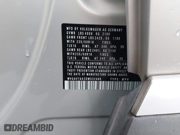 2013 Volkswagen Tiguan SE z VIN WVGAV7AX2DW532486, wystawiony jako IAAI lot #42813235 z przebiegiem 164 321 mil mil oraz . Historia ofert i sprzedaży dostępna na DreamBid. Obrazek 9.