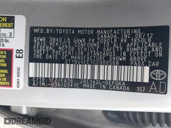 2012 Toyota Corolla L with VIN 2T1BU4EE1CC900568, listed as a IAAI auction lot 41949927 with 167,329 mi miles. Bid and sale history available at carsss.com. Image 9.