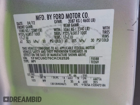 2012 Ford Escape XLT with VIN 1FMCU9D76CKC62526, listed as a IAAI auction lot 42577689 with 110,489 mi miles and . Bid and sale history available at DreamBid. Image 9.