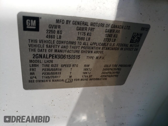 2013 Chevrolet Equinox LT with VIN 2GNALPEK9D6150515, listed as a Copart auction lot 55895255 with Not Provided miles and Clean Title. Bid and sale history available at DreamBid. Image 13.