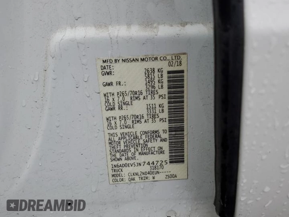 2018 Nissan Frontier SV with VIN 1N6AD0EV5JN744725, listed as a Copart auction lot 57601215 with 61,718 mi miles and Salvage title. Bid and sale history available at DreamBid. Image 12.