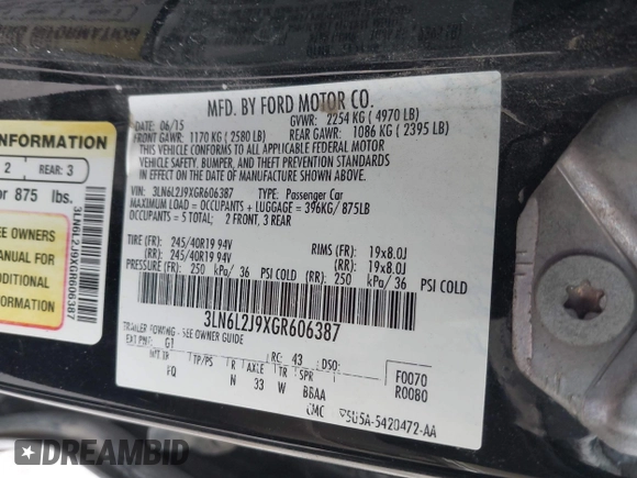 2016 Lincoln MKZ with VIN 3LN6L2J9XGR606387, listed as a IAAI auction lot 41943092 with 183,194 mi miles and . Bid and sale history available at DreamBid. Image 9.