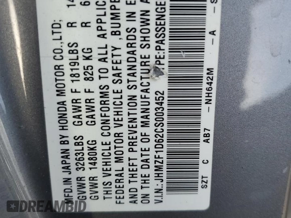 2012 Honda CR-Z EX with VIN JHMZF1D62CS003452, listed as a Copart auction lot 54346675 with 121,727 mi miles and Salvage Title. Bid and sale history available at DreamBid. Image 12.