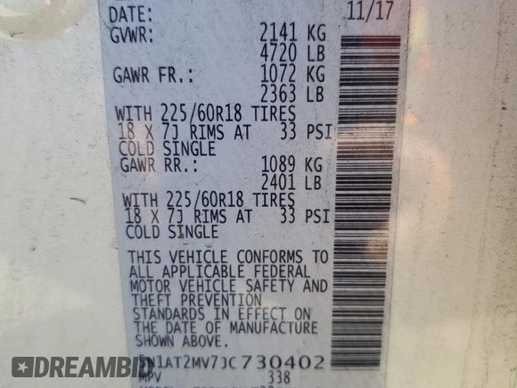 2018 Nissan Rogue SV z VIN 5N1AT2MV7JC730402, wystawiony jako Copart lot #58430025 z przebiegiem 169 627 mil mil oraz Szkoda całkowita • Salvage title. Historia ofert i sprzedaży dostępna na DreamBid. Obrazek 13.