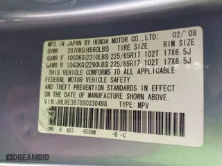 2008 Honda CR-V EX-L with VIN JHLRE38788C030498, listed as a IAAI auction lot 41761233 with 214,418 mi miles. Bid and sale history available at carsss.com. Image 9.