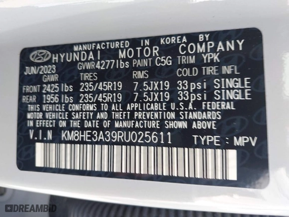 2024 Hyundai Kona Limited with VIN KM8HE3A39RU025611, listed as a IAAI auction lot 41855335 with 2,108 mi miles. Bid and sale history available at carsss.com. Image 9.