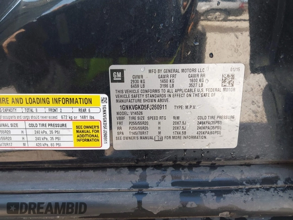 2015 Chevrolet Traverse LT with VIN 1GNKVGKD5FJ260911, listed as a IAAI auction lot 41881961 with Not Provided miles and . Bid and sale history available at DreamBid. Image 9.
