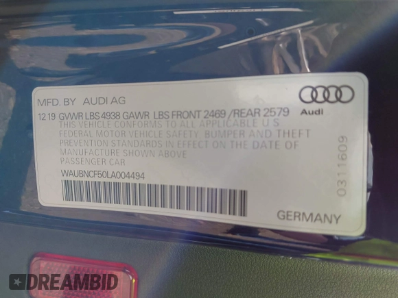 2020 Audi A5 Sportback Premium Plus with VIN WAUBNCF50LA004494, listed as a IAAI auction lot 42003551 with 32,595 mi miles. Bid and sale history available at carsss.com. Image 9.