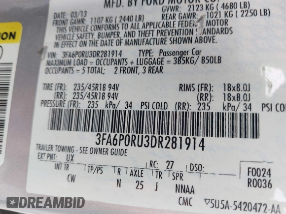 2013 Ford Fusion Titanium Hybrid with VIN 3FA6P0RU3DR281914, listed as a IAAI auction lot 42380838 with 166,956 mi miles and . Bid and sale history available at DreamBid. Image 9.