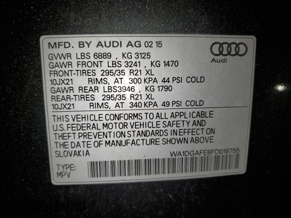 2015 Audi Q7 3.0T S line Prestige with VIN WA1DGAFE8FD016755, listed as a Copart auction lot 60814902 with 104,616 mi miles. Bid and sale history available at carsss.com. Image 10.
