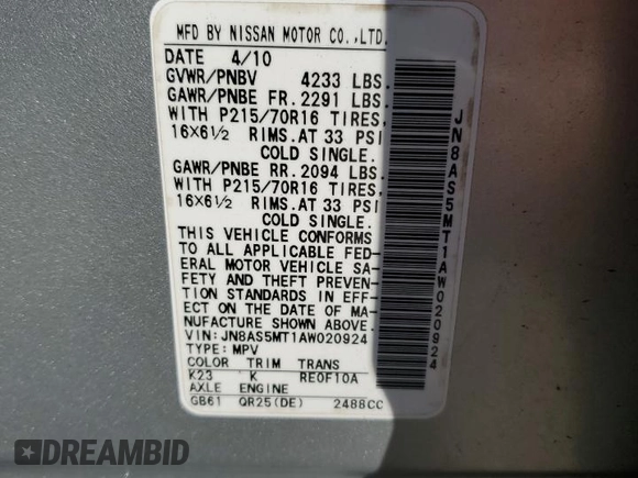 2010 Nissan Rogue S with VIN JN8AS5MT1AW020924, listed as a Copart auction lot 48621575 with 135,060 mi miles and Salvage Title. Bid and sale history available at DreamBid. Image 14.