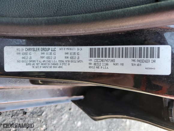2015 Chrysler 200 Limited with VIN 1C3CCCAB1FN571003, listed as a Copart auction lot 54350865 with 175,860 mi miles and Clean Title. Bid and sale history available at carsss.com. Image 12.