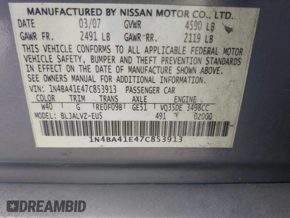 2007 Nissan Maxima 3.5 SE with VIN 1N4BA41E47C853913, listed as a IAAI auction lot 41693098 with 101,902 mi miles. Bid and sale history available at carsss.com. Image 9.
