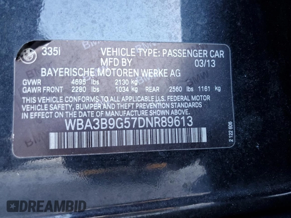 2013 BMW 3 Series 335i xDrive with VIN WBA3B9G57DNR89613, listed as a Copart auction lot 45914445 with 149,090 mi miles and Clean title. Bid and sale history available at DreamBid. Image 12.