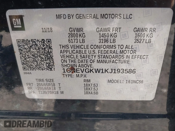 2019 Chevrolet Traverse LT Cloth with VIN 1GNEVGKW1KJ193586, listed as a IAAI auction lot 42044908 with 137,823 mi miles. Bid and sale history available at carsss.com. Image 9.