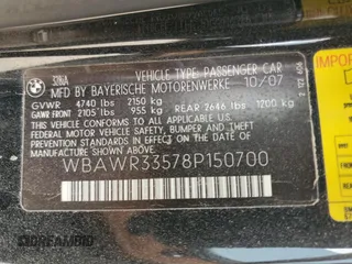 2008 BMW 3 Series 328i with VIN WBAWR33578P150700, listed as a Copart auction lot 49405345 with 132,017 mi miles and Salvage Title. Bid and sale history available at carsss.com. Image 12.