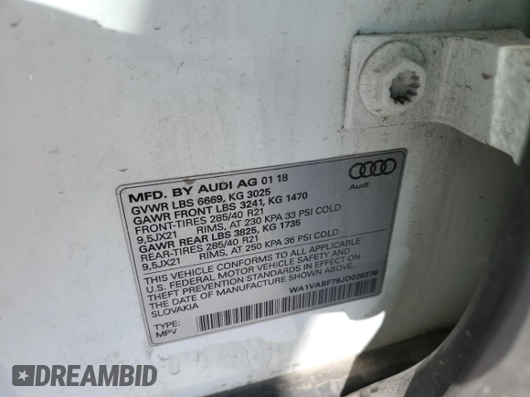 2018 Audi Q7 Prestige with VIN WA1VABF79JD029276, listed as a Copart auction lot 59538445 with 84,705 mi miles and Salvage title. Bid and sale history available at DreamBid. Image 13.
