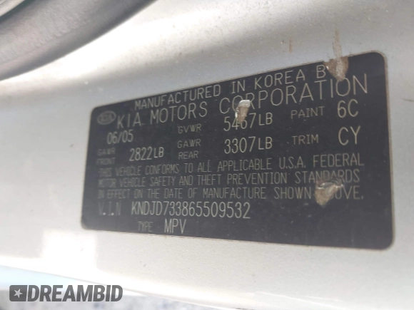 2006 Kia Sorento LX with VIN KNDJD733865509532, listed as a IAAI auction lot 42137155 with 209,149 mi miles and . Bid and sale history available at DreamBid. Image 9.