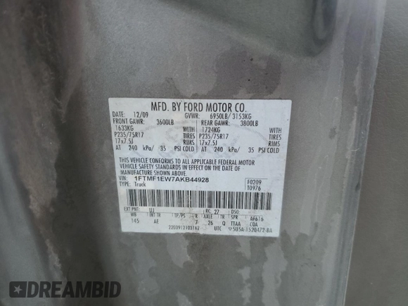 2010 Ford F-150 XL with VIN 1FTMF1EW7AKB44928, listed as a Copart auction lot 69591264 with 162,675 mi miles and Clean Title. Bid and sale history available at DreamBid. Image 12.