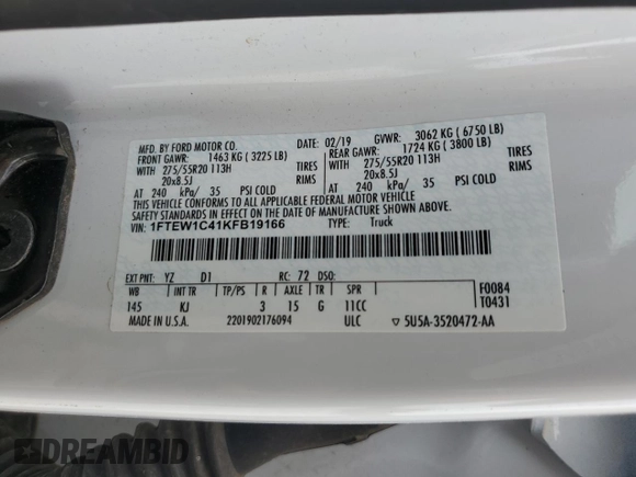 2019 Ford F-150 XL with VIN 1FTEW1C41KFB19166, listed as a Copart auction lot 53800144 with 97,876 mi miles and Salvage Title. Bid and sale history available at DreamBid. Image 12.