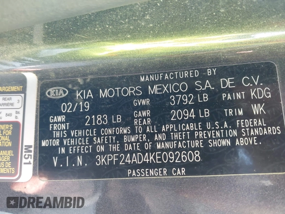 2019 Kia Forte LXS с VIN 3KPF24AD4KE092608, выставлен на аукционе IAAI как лот 41654929 с пробегом 99 172 миль миль и . История ставок и продаж доступна на DreamBid. Изображение 9.