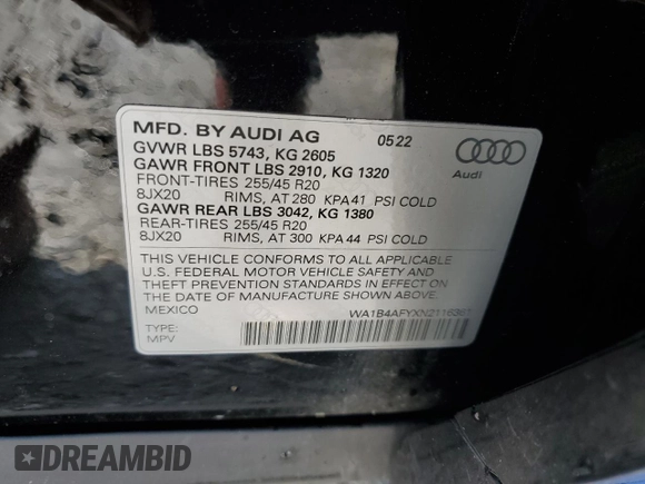 2022 Audi SQ5 Premium Plus with VIN WA1B4AFYXN2116361, listed as a Copart auction lot 51006964 with 10,145 mi miles and . Bid and sale history available at DreamBid. Image 13.