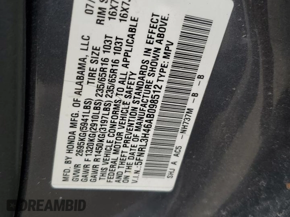 2010 Honda Odyssey EX with VIN 5FNRL3H46AB098512, listed as a Copart auction lot 56481655 with 171,632 mi miles and Salvage Title. Bid and sale history available at DreamBid. Image 13.