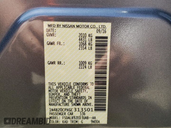 2016 Nissan LEAF S with VIN 1N4BZ0CPXGC313501, listed as a Copart auction lot 49323423 with 64,363 mi miles. Bid and sale history available at carsss.com. Image 13.