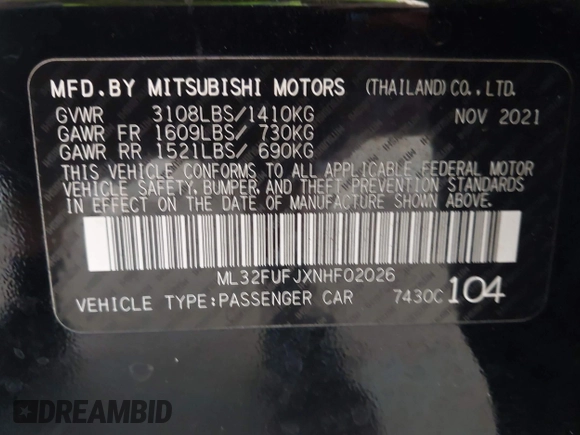 2022 Mitsubishi Mirage ES z VIN ML32FUFJXNHF02026, wystawiony jako IAAI lot #40690424 z przebiegiem 50 638 mil mil oraz . Historia ofert i sprzedaży dostępna na DreamBid. Obrazek 9.