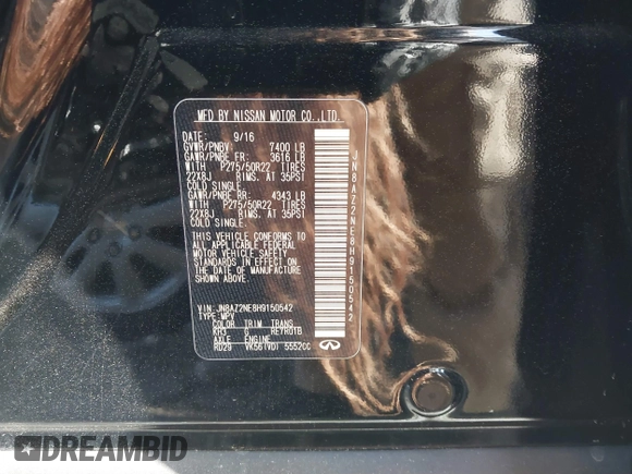 2017 Infiniti QX80 with VIN JN8AZ2NE8H9150542, listed as a IAAI auction lot 41810110 with 112,328 mi miles and . Bid and sale history available at DreamBid. Image 9.