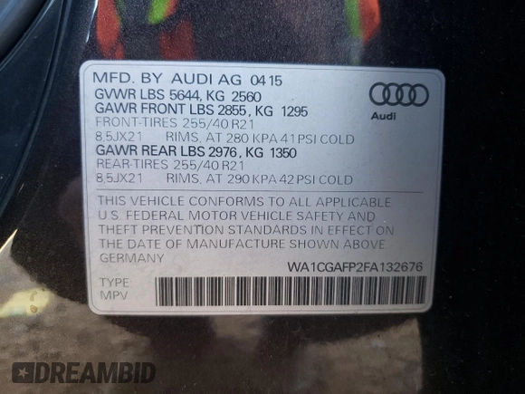 2015 Audi SQ5 Premium Plus with VIN WA1CGAFP2FA132676, listed as a Copart auction lot 36842154 with 133,805 mi miles. Bid and sale history available at carsss.com. Image 14.