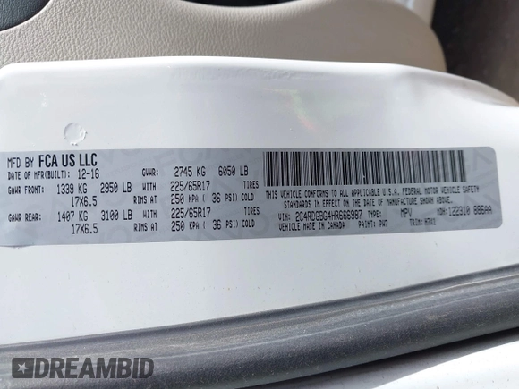 2017 Dodge Grand Caravan SE z VIN 2C4RDGBG4HR666987, wystawiony jako IAAI lot #41946734 z przebiegiem 239 683 mil mil oraz . Historia ofert i sprzedaży dostępna na DreamBid. Obrazek 9.