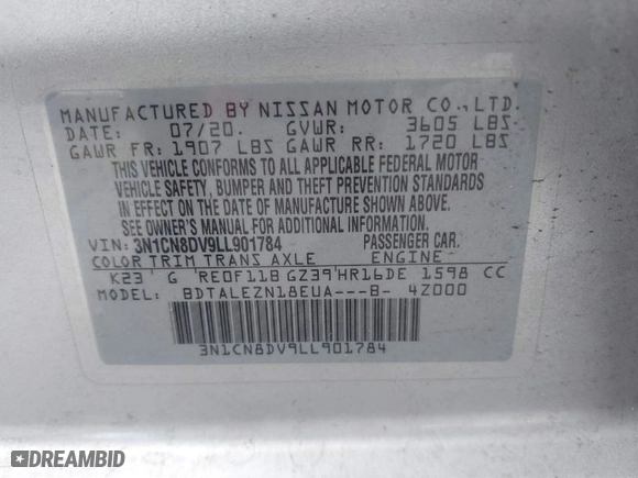 2020 Nissan Versa S with VIN 3N1CN8DV9LL901784, listed as a IAAI auction lot 40497470 with 78,095 mi miles. Bid and sale history available at carsss.com. Image 9.