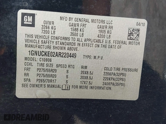 2010 Chevrolet Suburban LTZ with VIN 1GNUCKE02AR220449, listed as a IAAI auction lot 41665749 with 264,447 mi miles and . Bid and sale history available at DreamBid. Image 9.