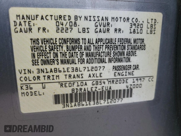 2008 Nissan Sentra S with VIN 3N1AB61E38L712077, listed as a Copart auction lot 55896675 with 60,594 mi miles and Clean title. Bid and sale history available at DreamBid. Image 12.