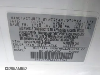 2014 Nissan Versa SV with VIN 3N1CN7AP6EL848965, listed as a IAAI auction lot 41810221 with 80,378 mi miles. Bid and sale history available at carsss.com. Image 9.