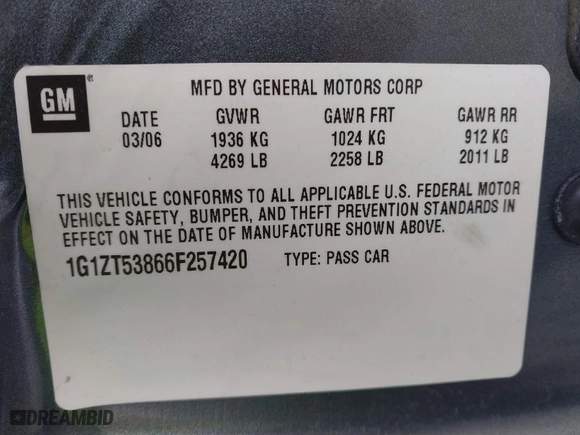 2006 Chevrolet Malibu LT w/2LT with VIN 1G1ZT53866F257420, listed as a IAAI auction lot 41587092 with 54,277 mi miles. Bid and sale history available at carsss.com. Image 9.