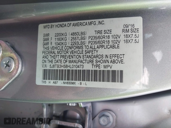 2017 Acura RDX Technology with VIN 5J8TB3H58HL010473, listed as a IAAI auction lot 41993179 with 131,918 mi miles and . Bid and sale history available at DreamBid. Image 9.