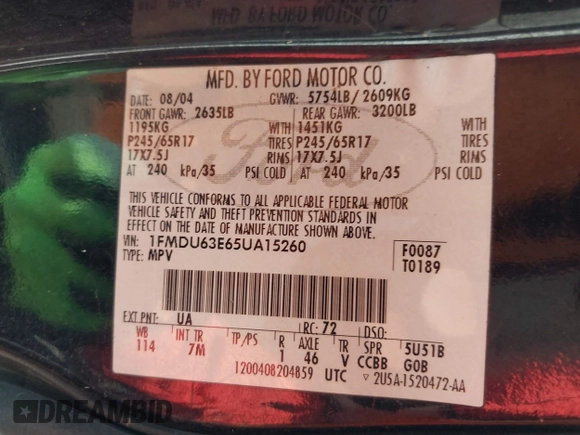 2005 Ford Explorer XLT с VIN 1FMDU63E65UA15260, выставлен на аукционе IAAI как лот 42603930 с пробегом 160 117 миль миль и . История ставок и продаж доступна на DreamBid. Изображение 9.
