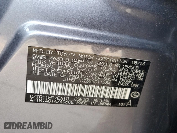 2014 Lexus IS 250 with VIN JTHBF1D23E5011284, listed as a Copart auction lot 61499345 with 76,494 mi miles and Salvage title. Bid and sale history available at DreamBid. Image 12.