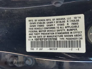 2015 Honda Civic Sedan LX with VIN 19XFB2F53FE207050, listed as a IAAI auction lot 41874318 with 217,600 mi miles. Bid and sale history available at carsss.com. Image 9.