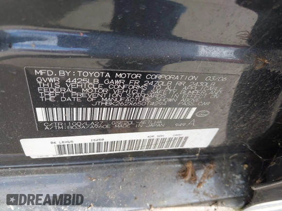 2006 Lexus IS 250 with VIN JTHBK262X65014294, listed as a IAAI auction lot 42165001 with 203,762 mi miles and . Bid and sale history available at DreamBid. Image 9.
