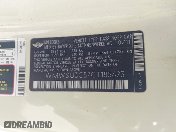 2012 MINI Hardtop with VIN WMWSU3C57CT185623, listed as a IAAI auction lot 42177627 with 159,596 mi miles and . Bid and sale history available at DreamBid. Image 9.
