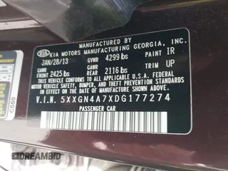 2013 Kia Optima EX with VIN 5XXGN4A7XDG177274, listed as a IAAI auction lot 42759090 with 164,212 mi miles and . Bid and sale history available at DreamBid. Image 9.