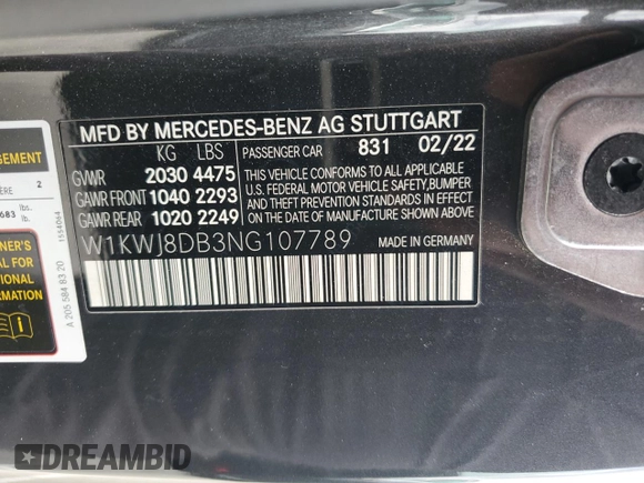 2022 Mercedes-Benz C 300 with VIN W1KWJ8DB3NG107789, listed as a Copart auction lot 59398755 with 63,435 mi miles and Salvage title. Bid and sale history available at DreamBid. Image 12.