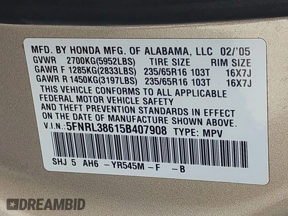 2005 Honda Odyssey EX-L z VIN 5FNRL38615B407908, wystawiony jako IAAI lot #42076045 z przebiegiem 170 950 mil mil oraz . Historia ofert i sprzedaży dostępna na DreamBid. Obrazek 9.