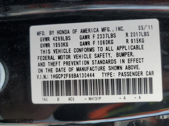 2011 Honda Accord Sdn SE with VIN 1HGCP2F66BA130444, listed as a Copart auction lot 53064025 with 0 mi miles and Clean Title. Bid and sale history available at carsss.com. Image 12.