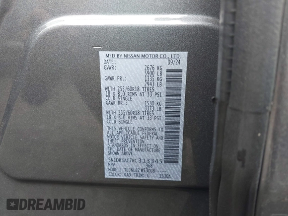 2024 Nissan Pathfinder S with VIN 5N1DR3AC7RC313345, listed as a IAAI auction lot 42663099 with 3,257 mi miles and . Bid and sale history available at DreamBid. Image 9.